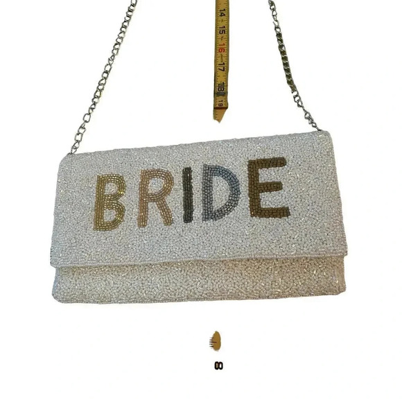 Bride Metallic Beaded Lettered Gold Chain Strap Seed Beaded Clutch Purse - Picture 4 of 9